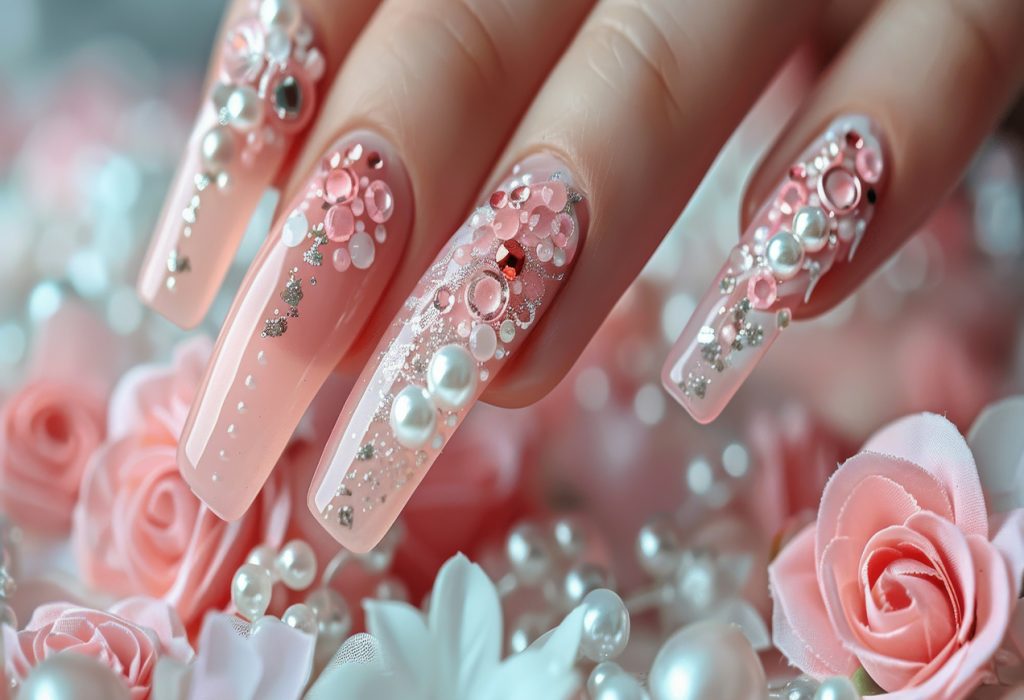 A collection of various nails painted in different vibrant colors, each adorned with intricate and delicate flower patterns. The nails are neatly lined up in a row, showcasing a range of floral designs.