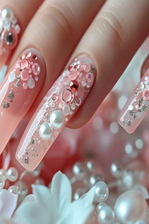 A collection of various nails painted in different vibrant colors, each adorned with intricate and delicate flower patterns. The nails are neatly lined up in a row, showcasing a range of floral designs.
