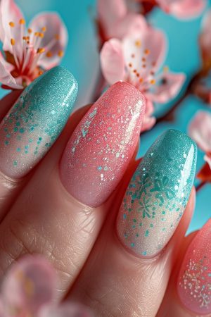 A womans hand displaying two-toned nail polish in pink and blue colors.